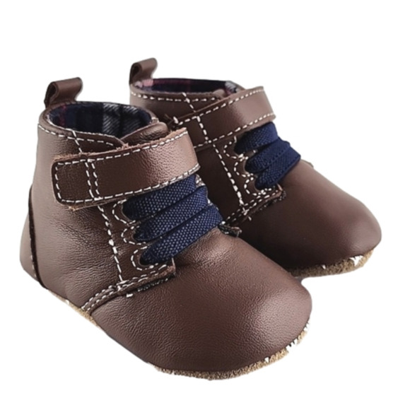 Robeez First Kicks Shoes Soft Brown Premium Leather Baby Navy Plaid Sz 0-3 Month - Picture 1 of 15